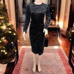 Witchy Ruched Velvet Midi Dress S Black Textured Long Sleeve Goth Sexy Romantic